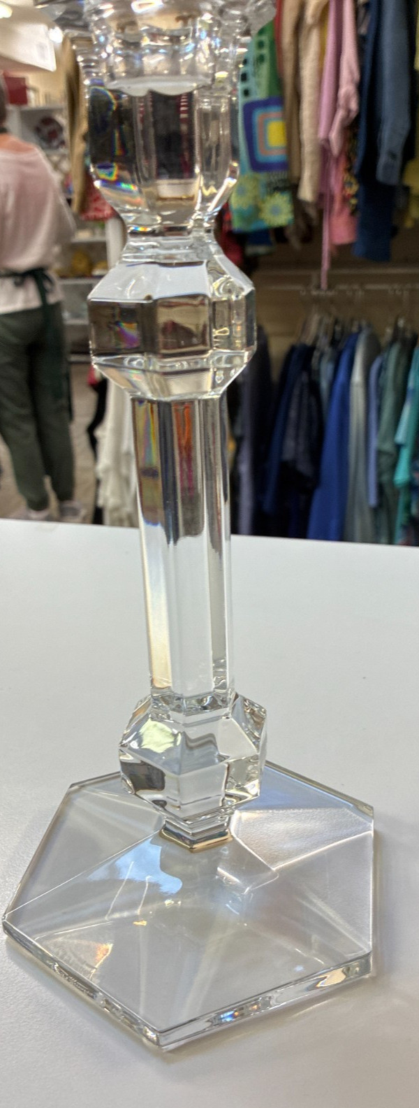 Pair of Val St Lambert Belgian Signed Cut Lead Crystal Geometric Candlesticks 9”