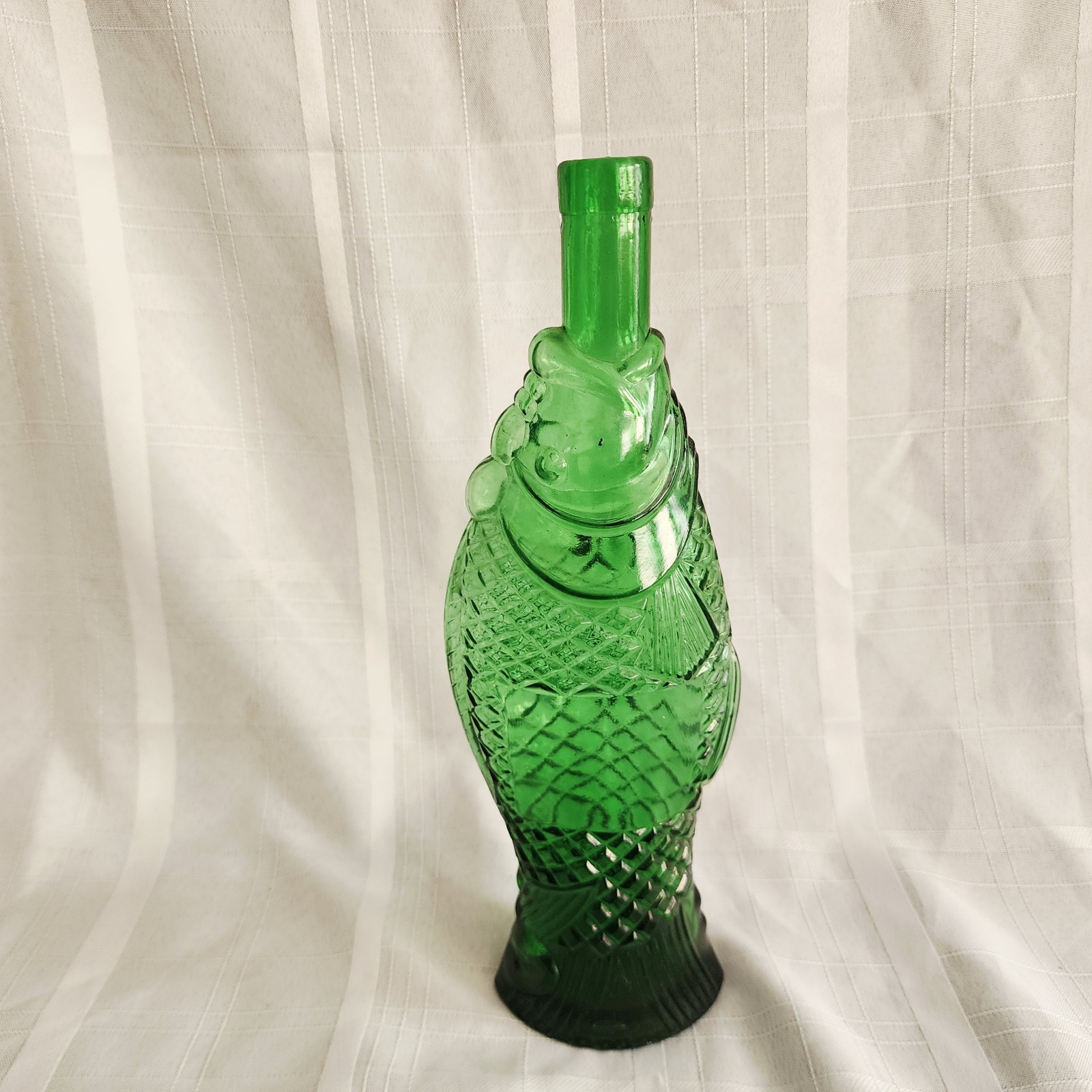 Vintage Green Glass Fish Shaped Wine Bottle Decanter Scales 13″ T F Mark