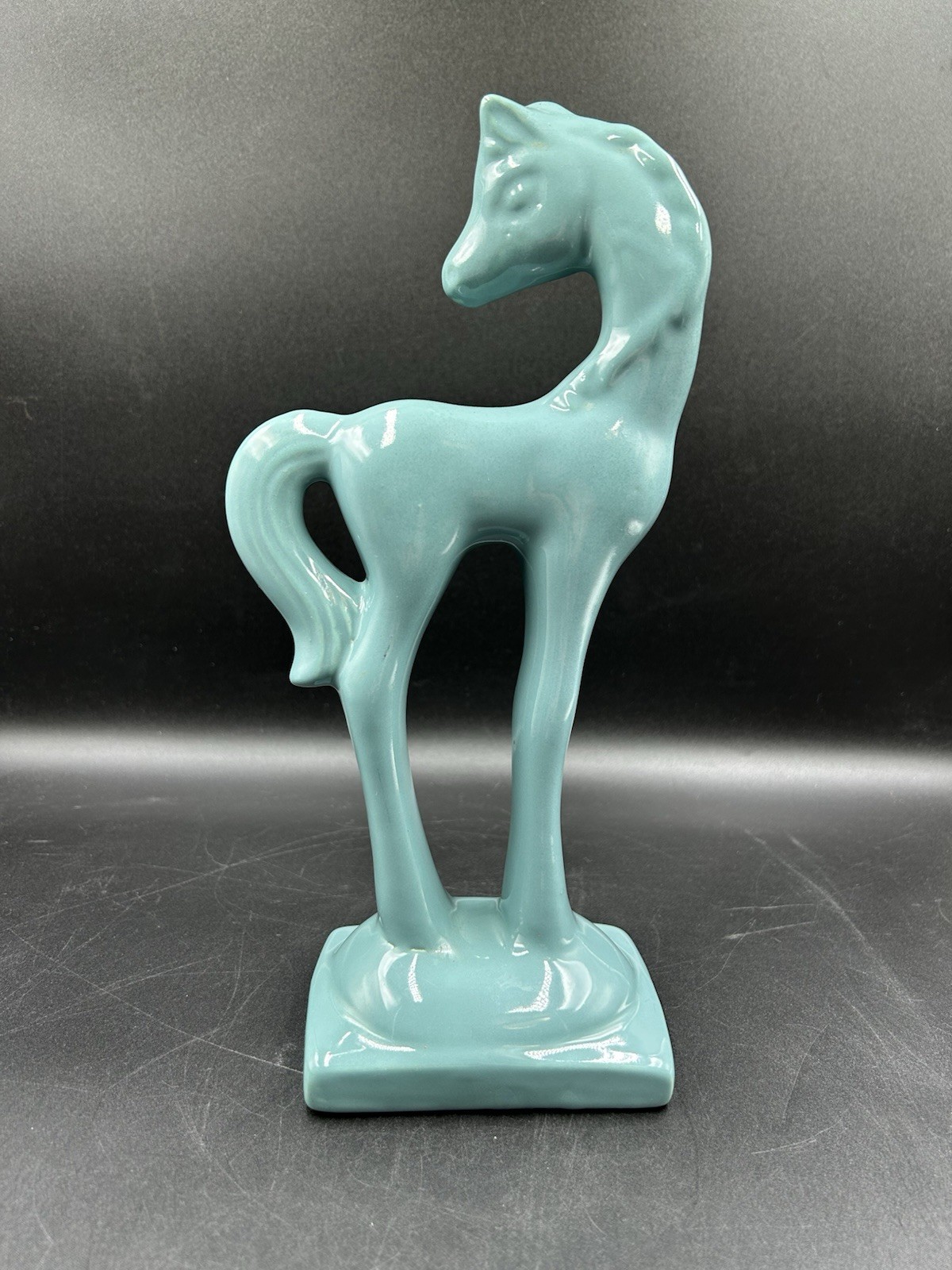 MCM Roselane Pottery Blue Aqua Ceramic Horse Stylized Long Legs Curved Neck USA