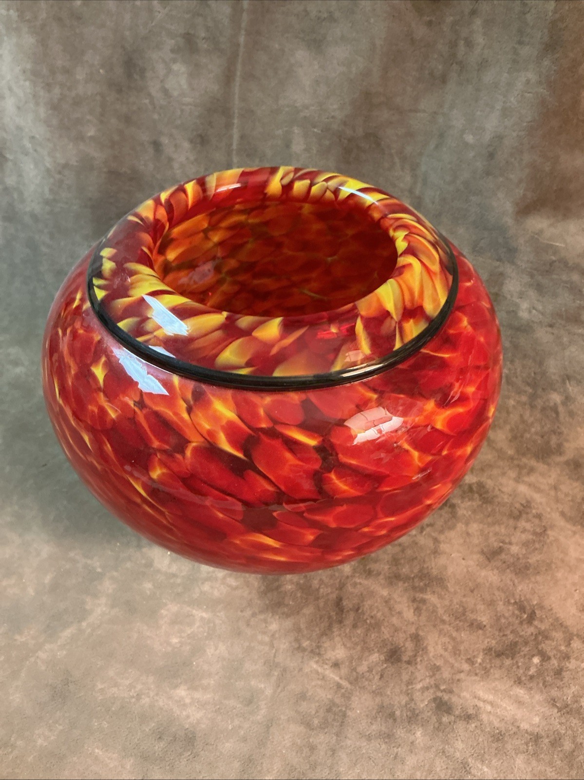 Signed Opal art Glass 2005 black trim red mottled art glass Vase #1 Squat Design