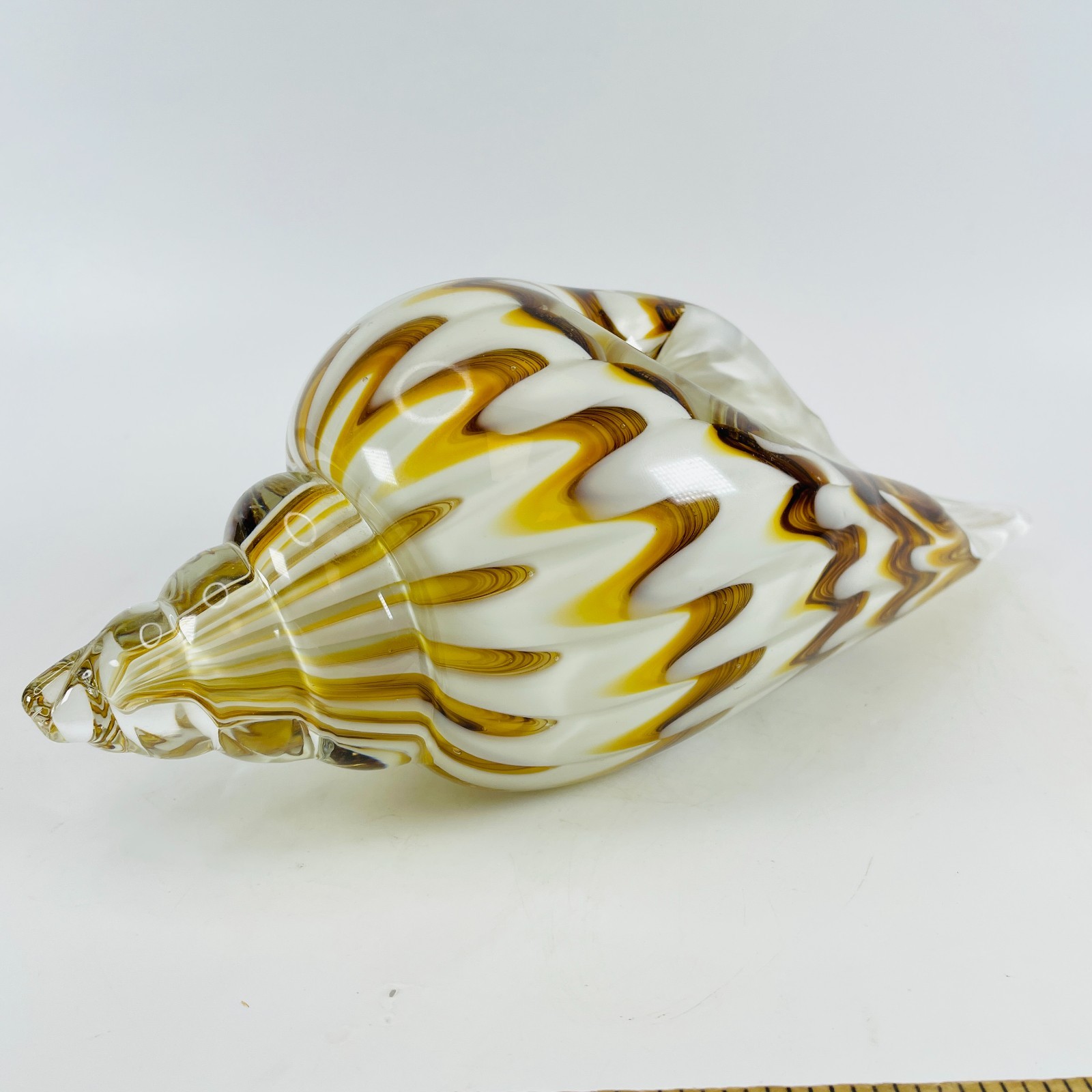 Vintage 11.5″ Cased Art Glass Shell Figurine Brown Yellow Conch Sculpture