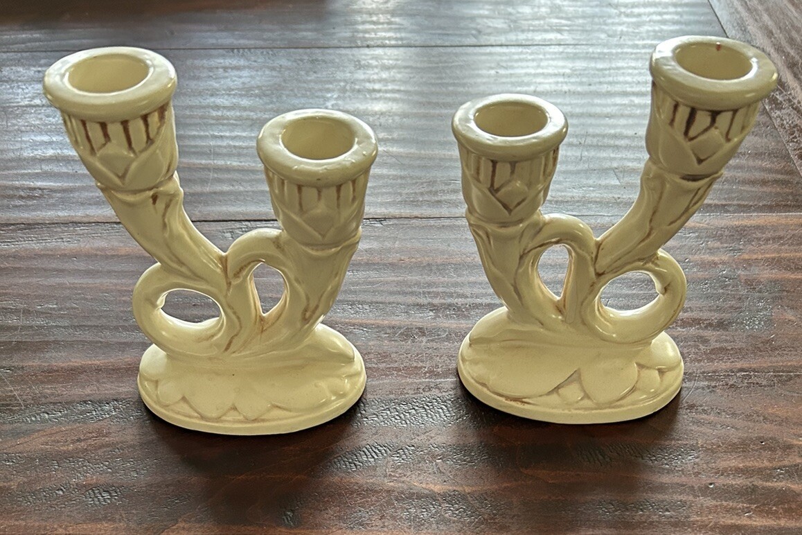 Vintage Pair Of Red Wing Pottery Double Candlestick Holders #397 USA 5 3/8x4x2”