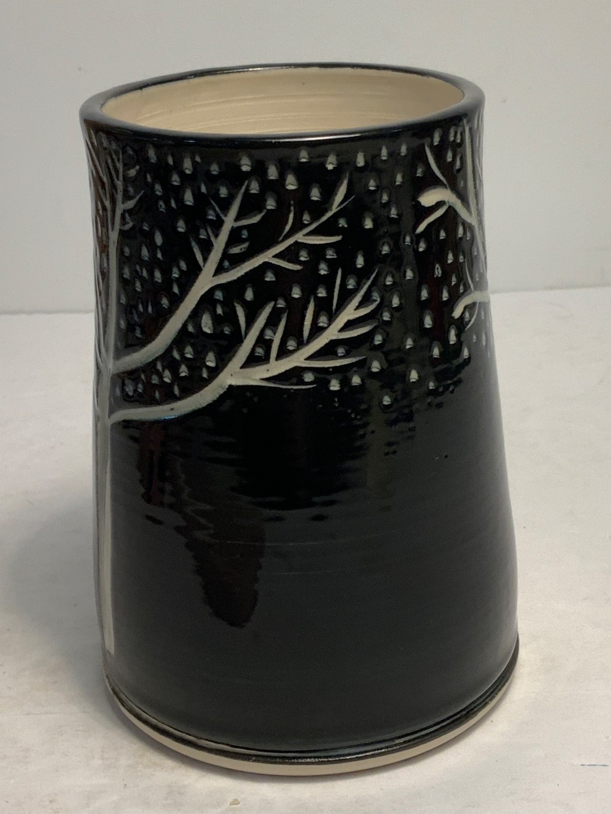 Evening Trees Rough Oval Carved Pottery Vase Signed 5.75 in.