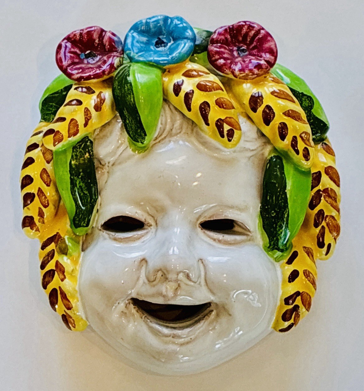 Sicilian Italian Majolica Art Pottery Cherub Flowers Bacchus Face Mask Wall Hang