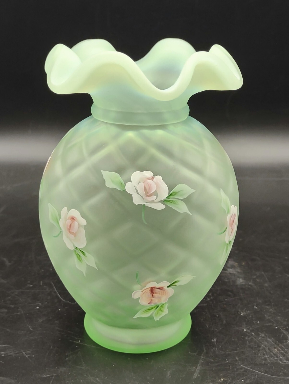 Fenton Heirloom Roses Willow Green Vase Satin Opalescent Glass Signed Dated 5.5″