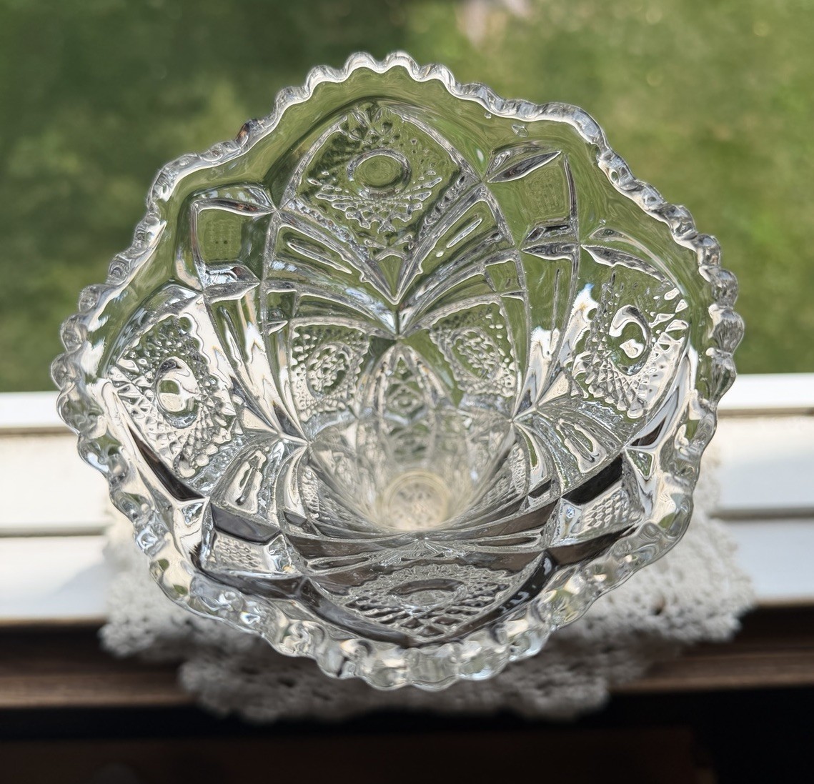 Imperial Glass Co. Clear Pressed Glass Trumpet Vase W/ Star Pattern Sawtooth Rim