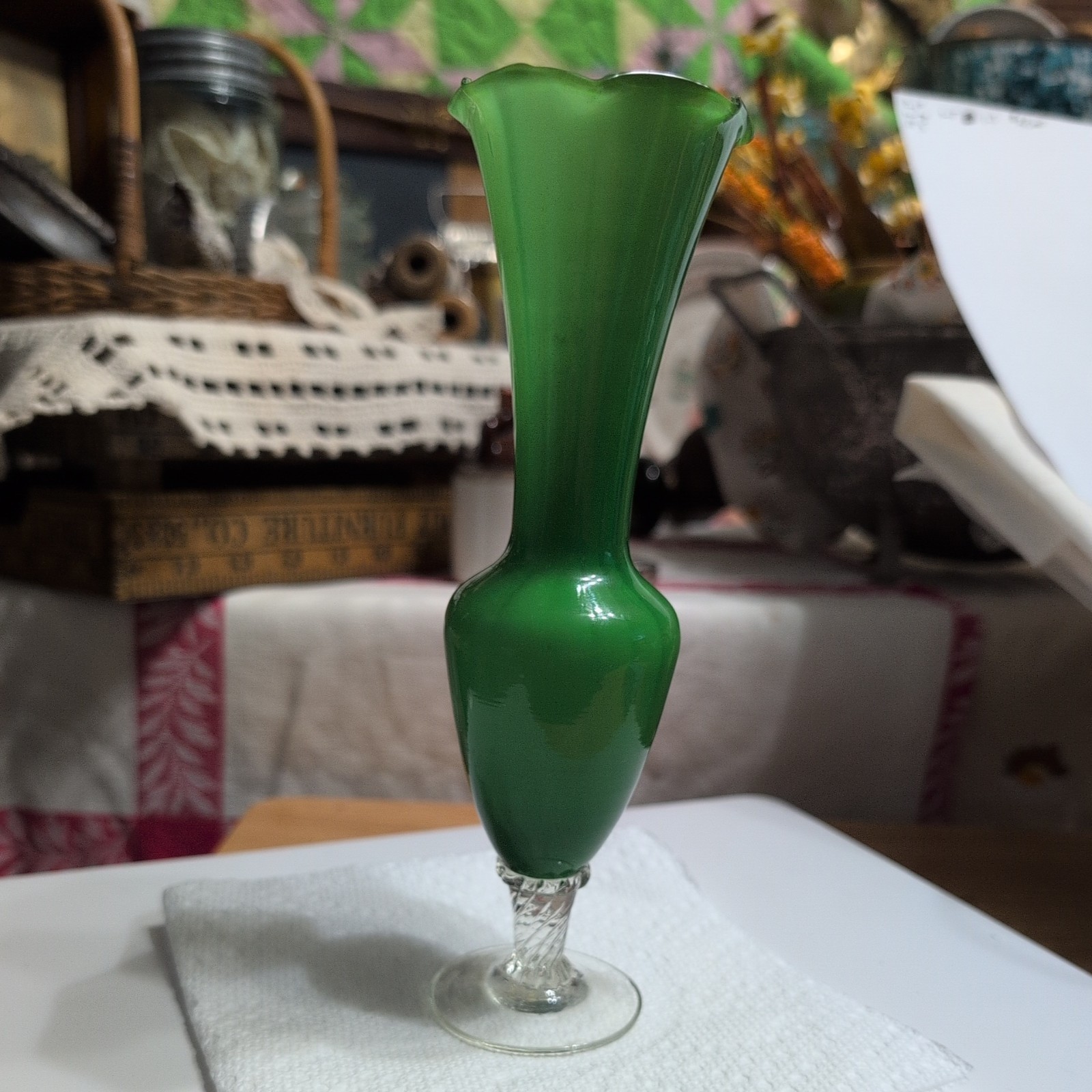 Vintage Italian Empoli Green Cased Glass Bud Vase Clear Twist Stem 8 in MCM