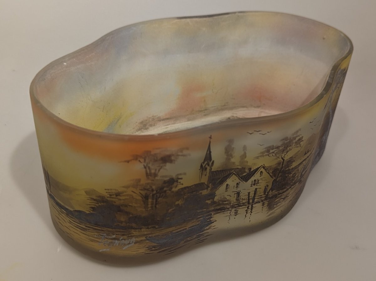 J. Simon Peynaud Art Nouveau Glass Jardiniere Polylobed Landscape Scene Antique