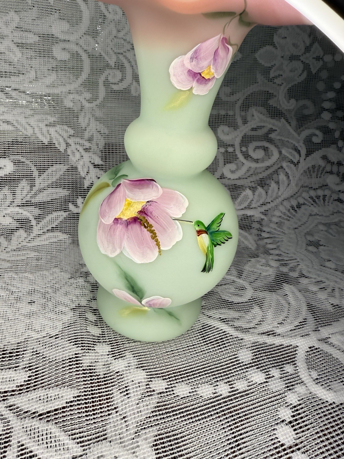 Fenton Lotus Mist Burmese Glass Hummingbird Vase Hand Painted Double Signed