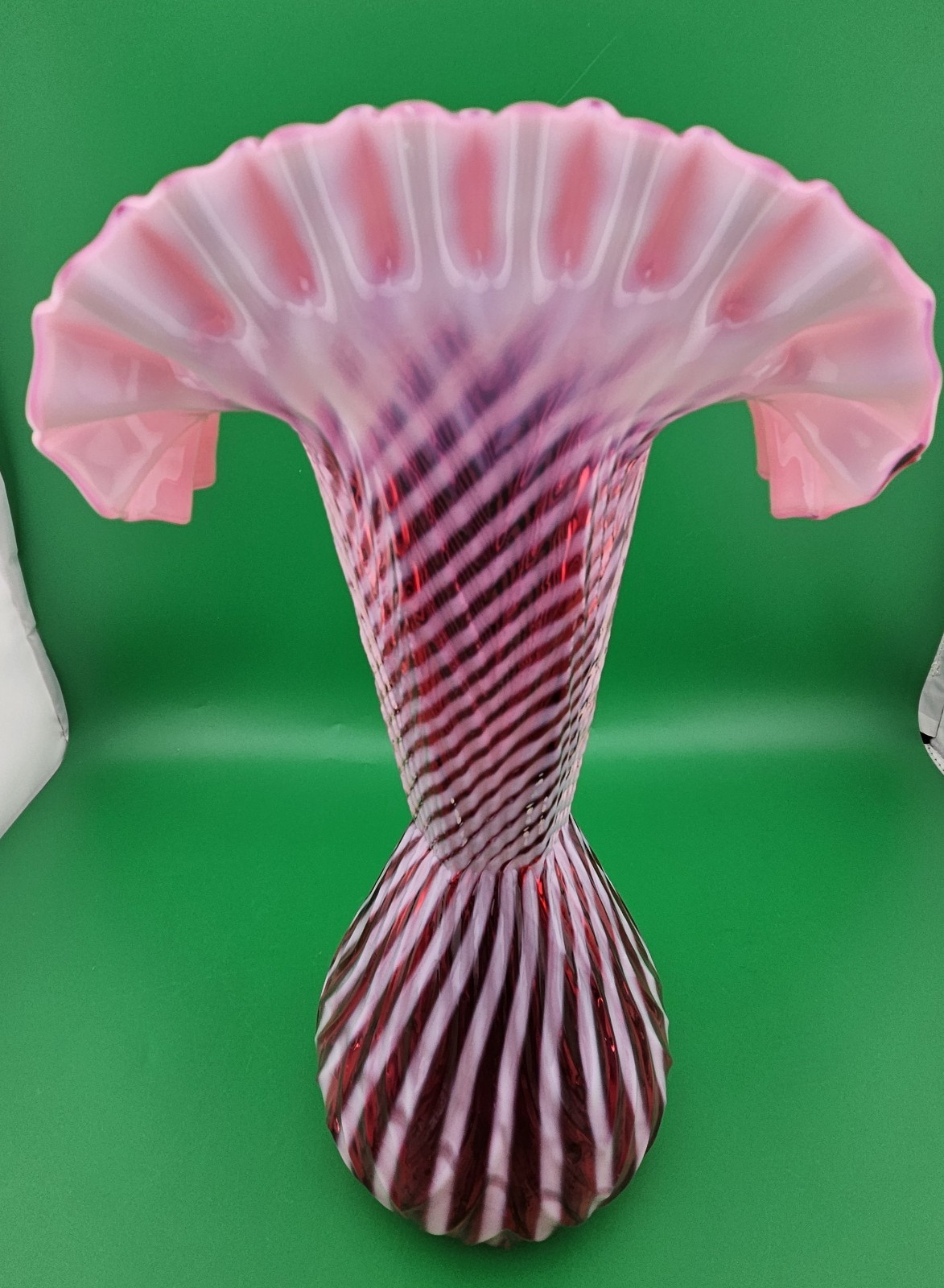 Fenton Cranberry Opalescent Glass Spiral Swirl Fluted Vase 11.75″ Tall