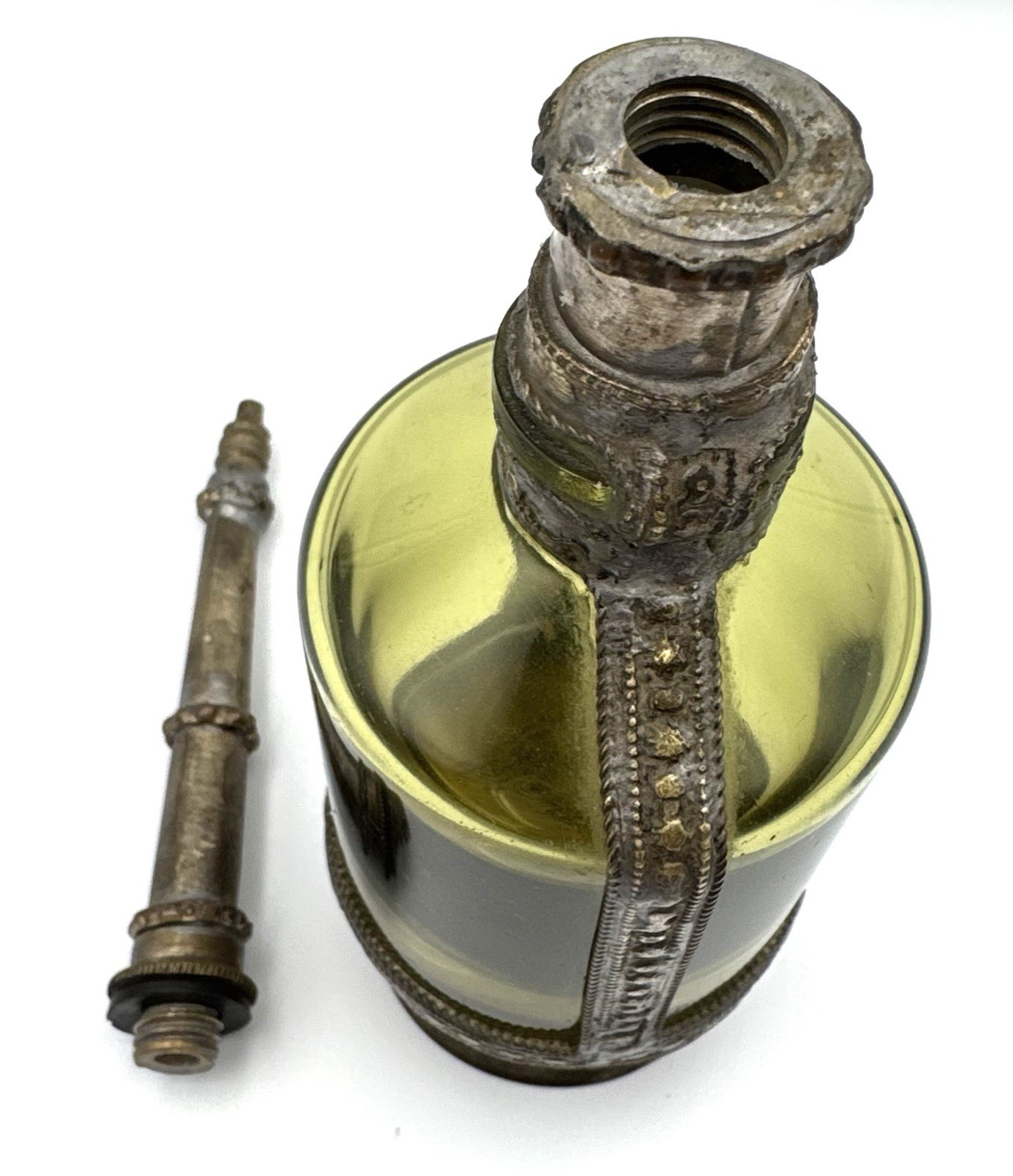 Moroccan Vintage Perfume Bottle Antique Green Glass w/ Metal Overlay Handmade