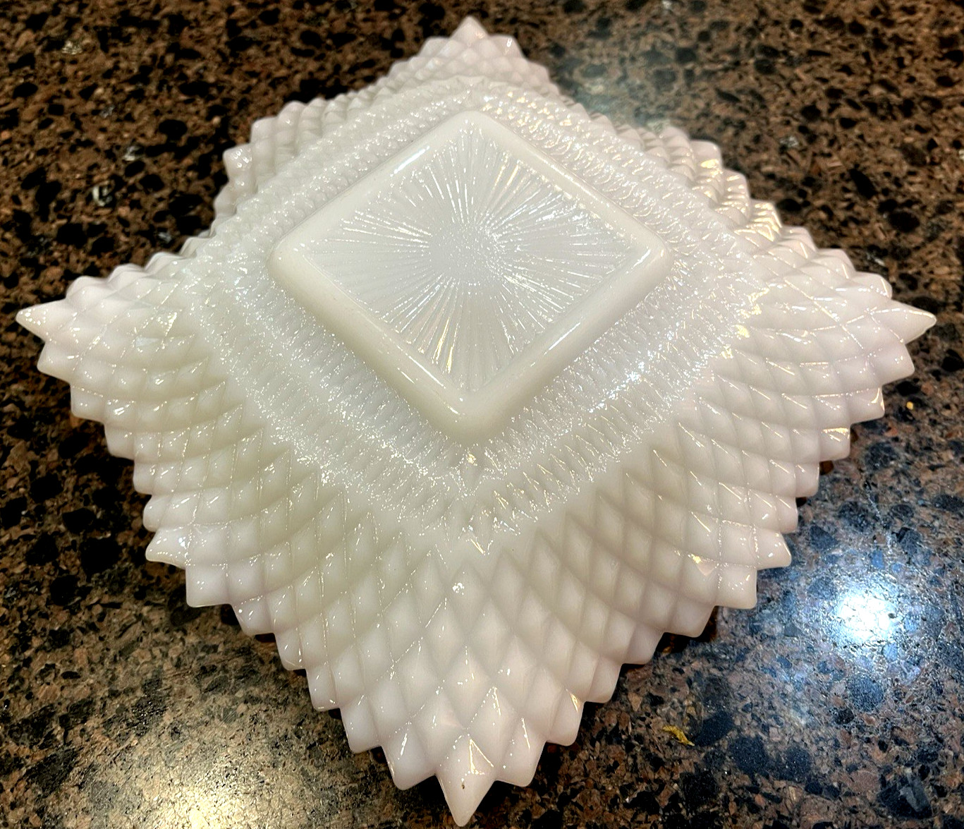 Indiana Glass Diamond Point Square Dish White/Pink Ruffled Sawtooth Edge