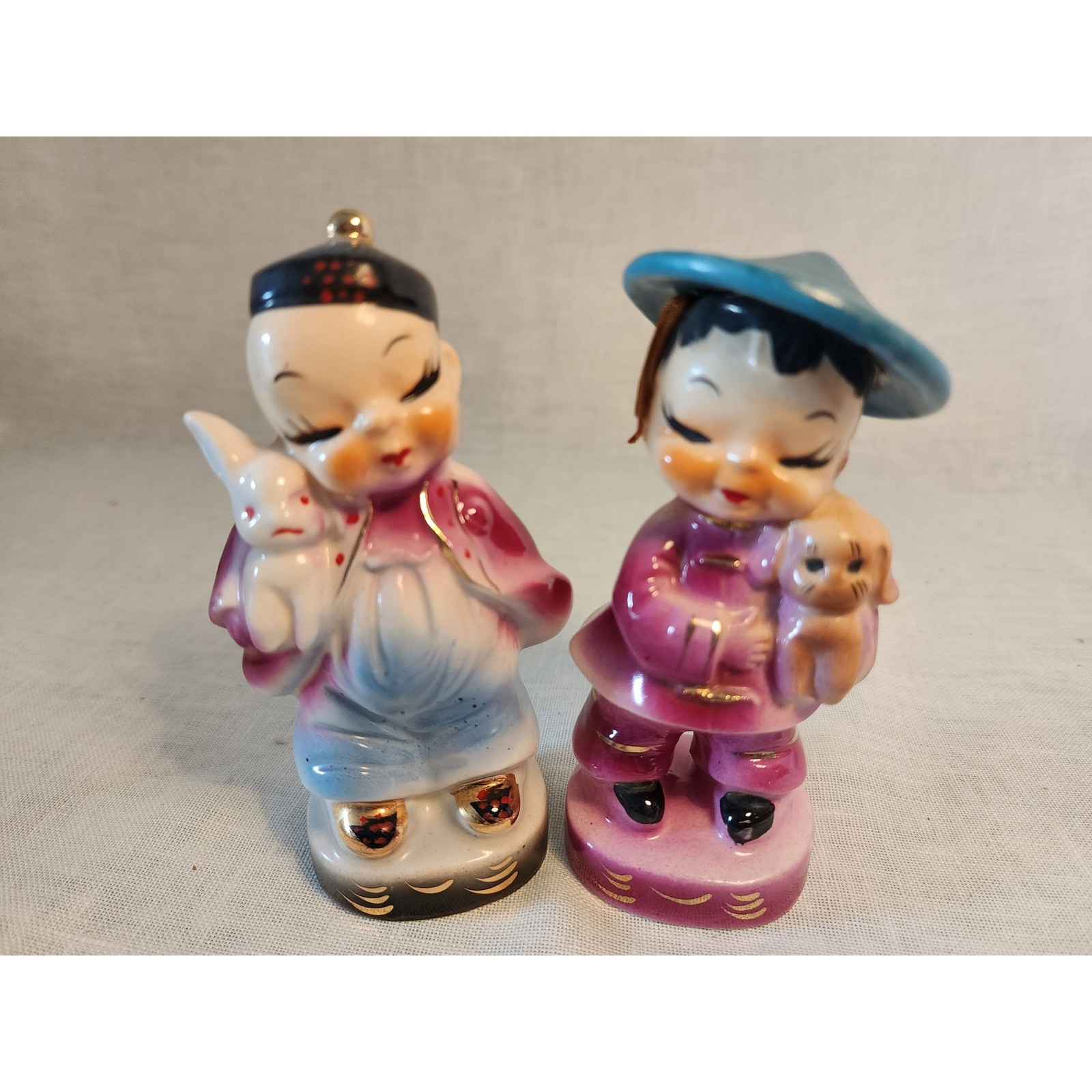 Kitschy Asian Boy and Girl Figurines with Bunny Rabbit and Puppy Dog, Set of 2