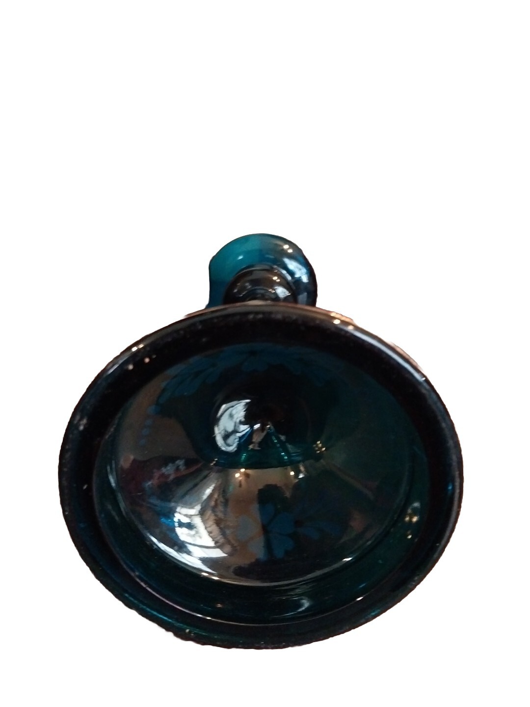 Tiffin Glass Candlestick Single 9″ Peacock Jasper Blue Hand Painted Floral