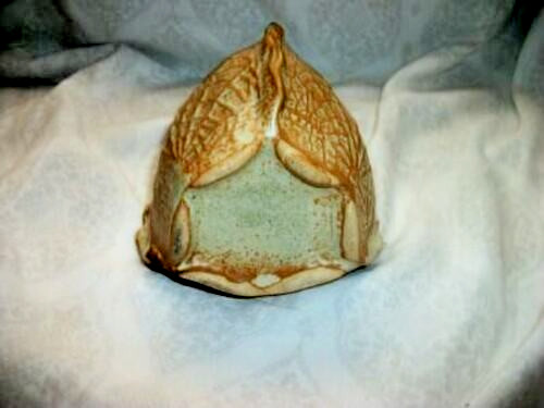 Art Pottery Majolica Triple Leaf Vase Handmade Indonesia Vintage Cream Brown