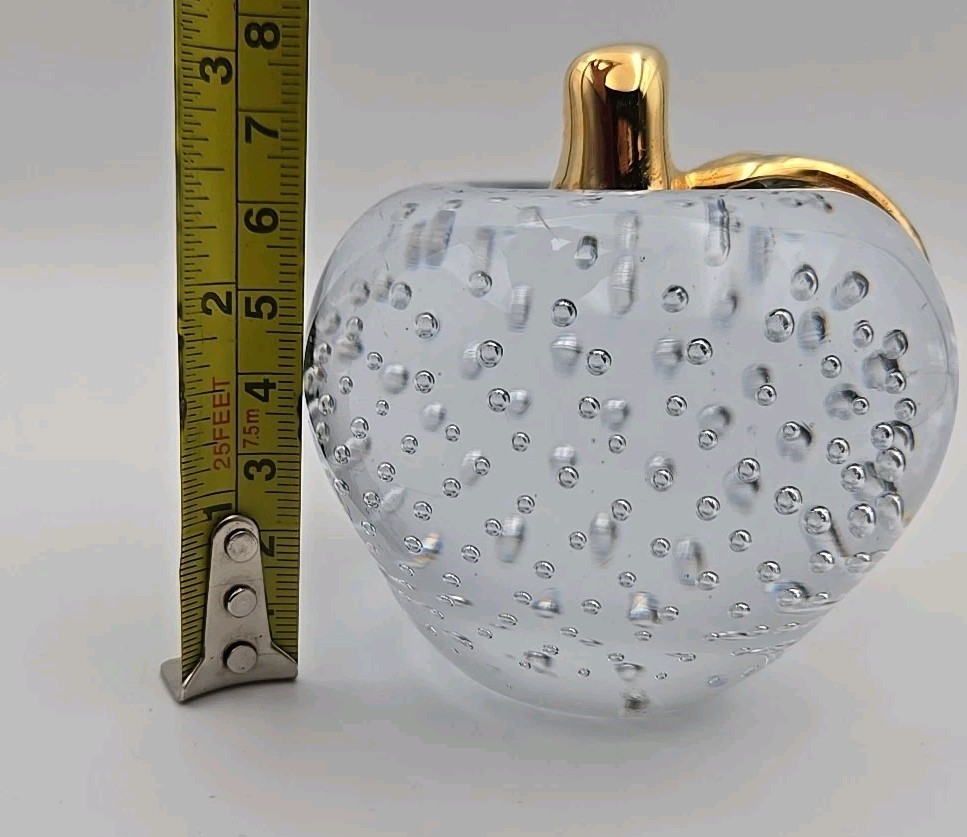 Art Glass Hand Blown Clear Controlled Bubbles Apple Gold Stem Paperweight