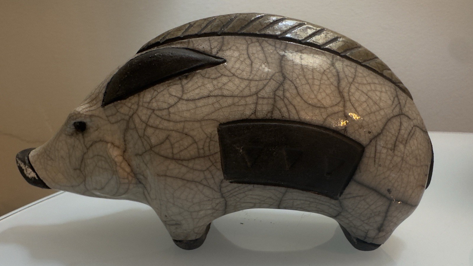 Vintage South African Raku Boar Black/White Hand Crafted Pottery Signed 6.25″L