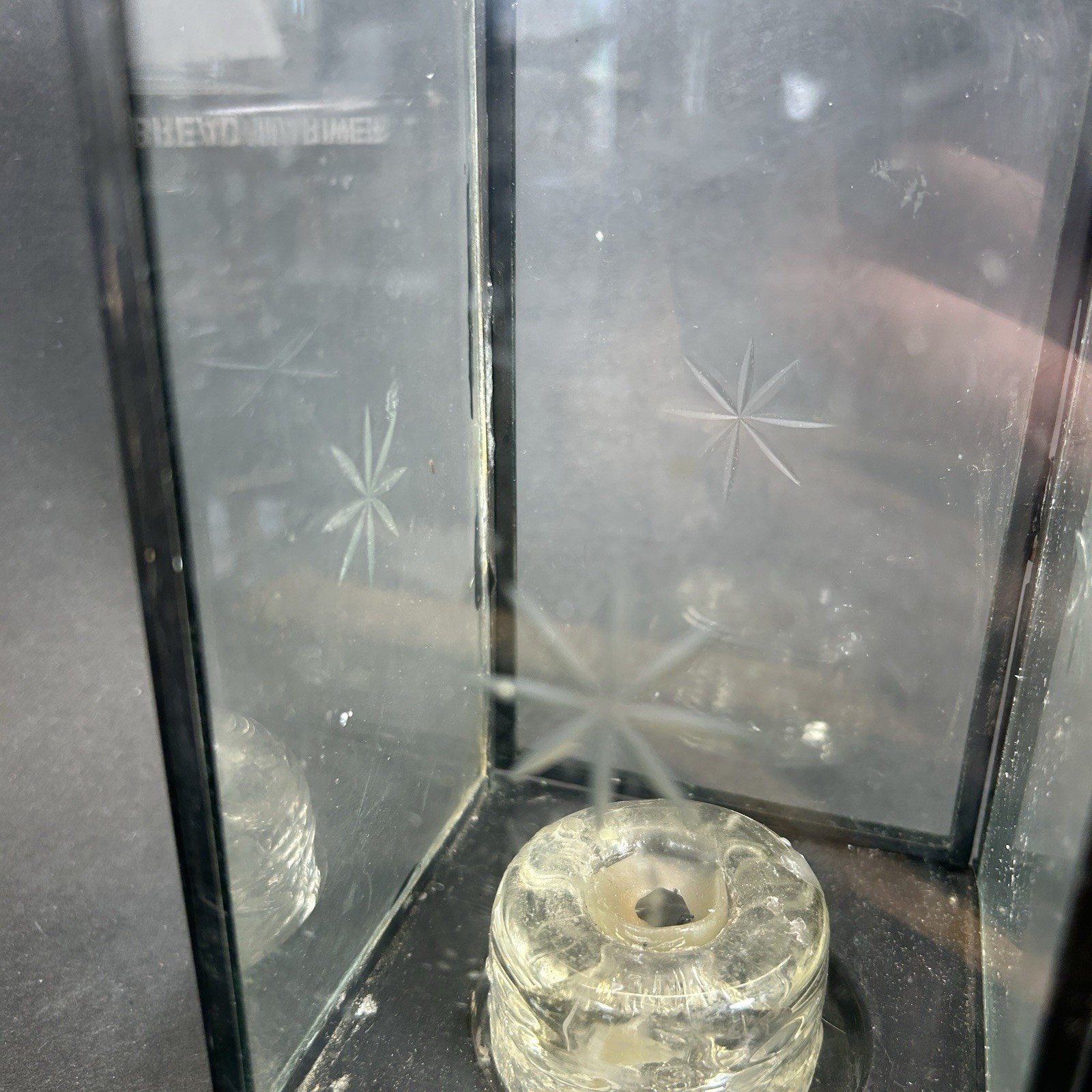 Vtg Etched Glass Candle Box With Scandinavian Glass Candle Holder & Hinged Door