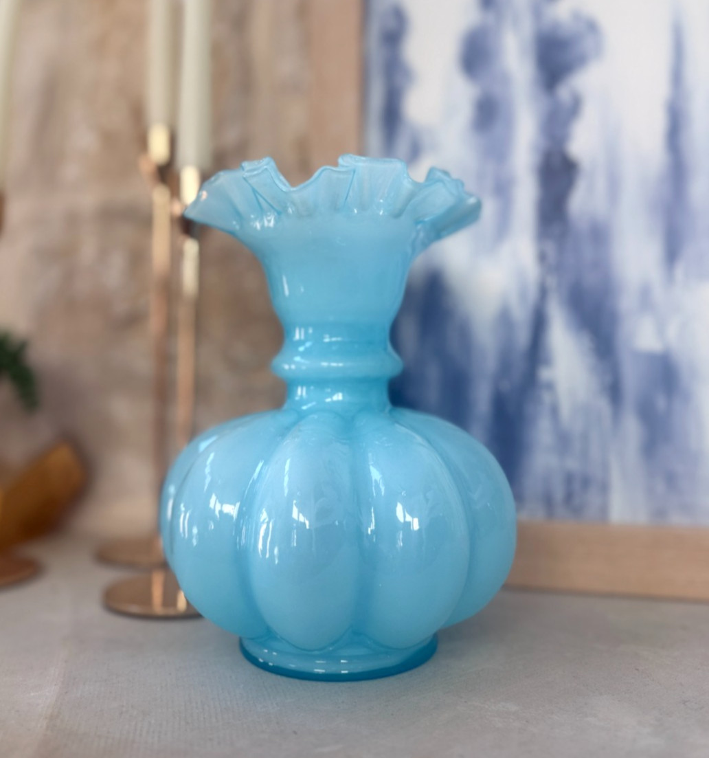 Vintage Fenton Blue Overlay Melon Rib Ruffled Vase Opaline Art Glass 8 Inch