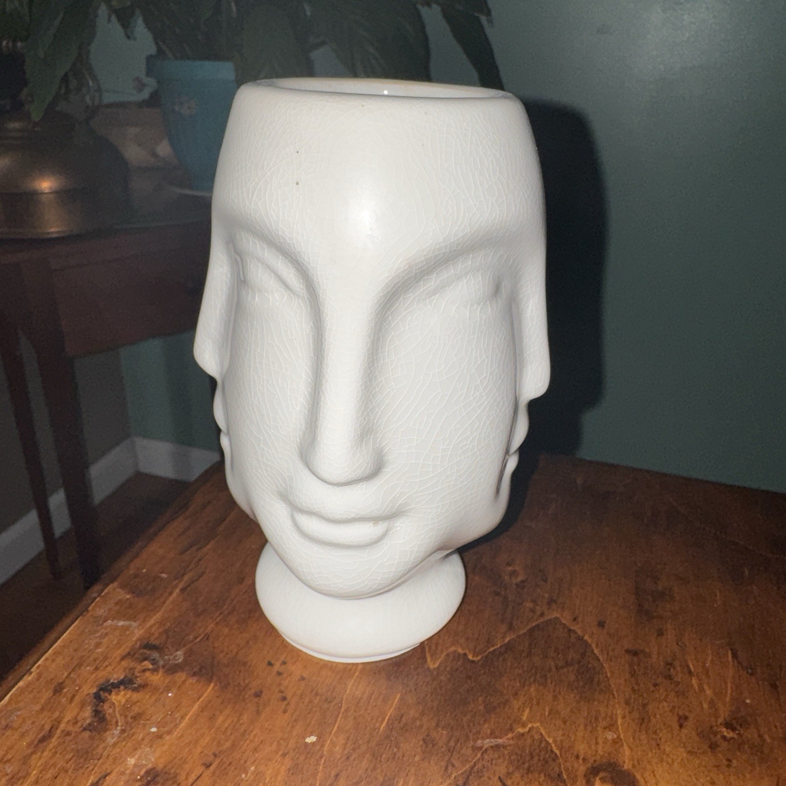 Vtg 4 FACES VASE 6” MCM Style Ceramic Crackle Glaze Ivory White Whimsical