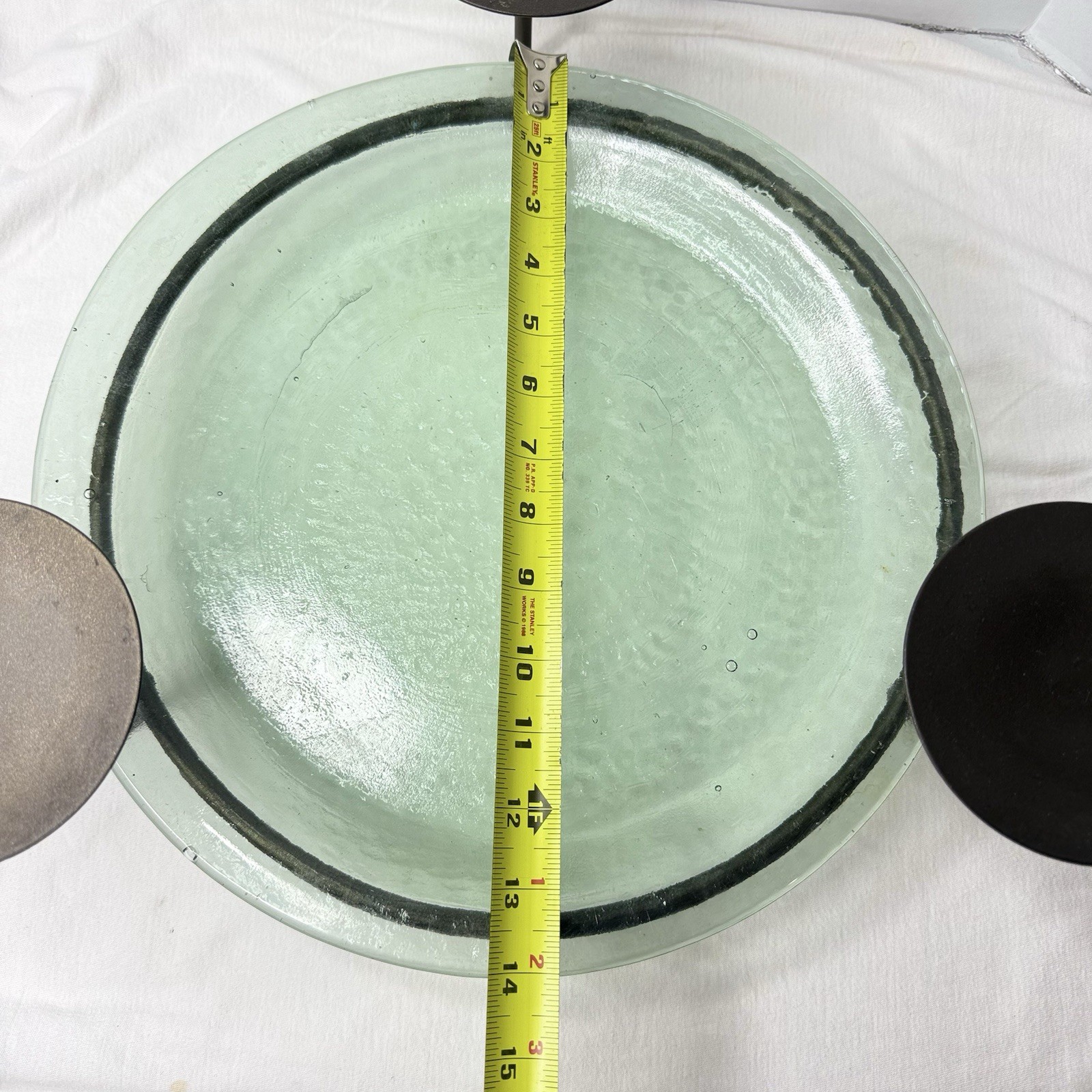 Tuscan Vintage 17″ Mexican Blown Green Glass Platter Iron Candle Centerpiece