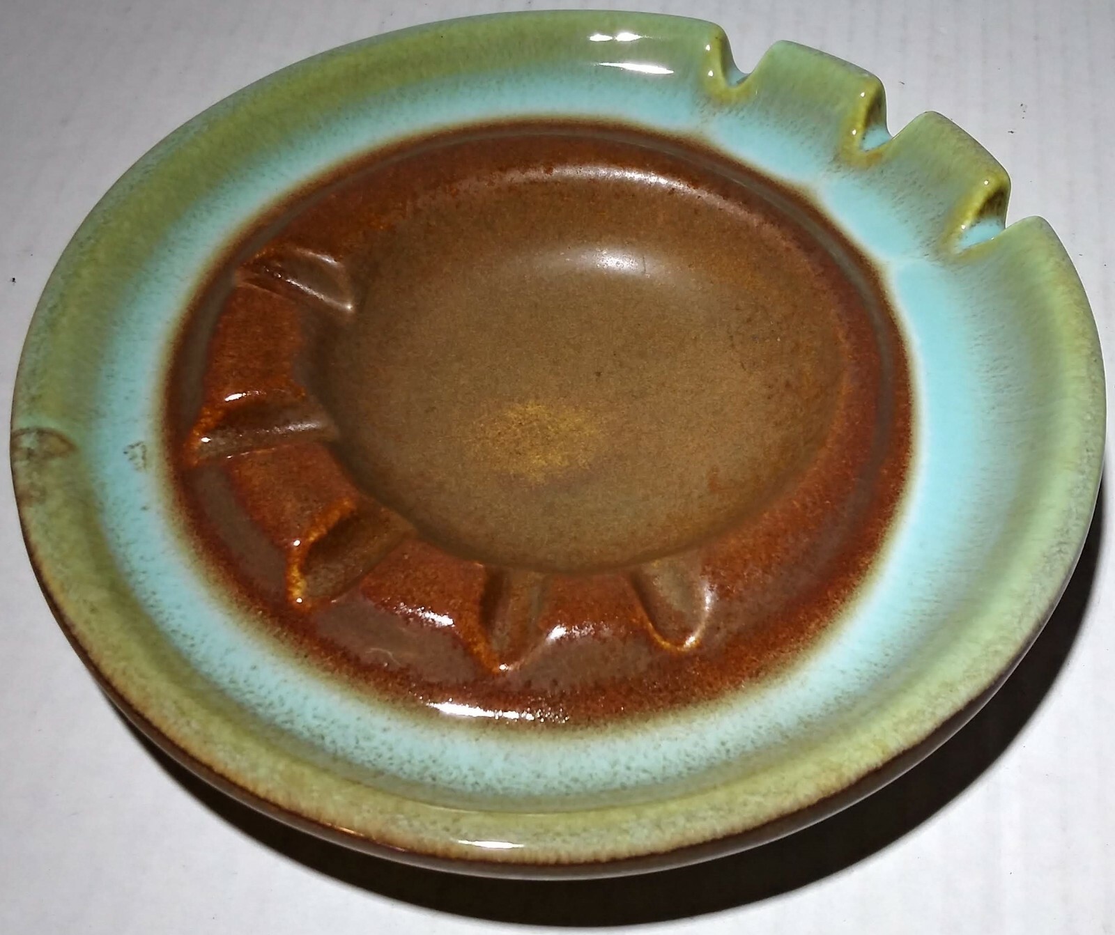 Vintage Pottery Ashtray Round 7″ Green Blue & Brown
