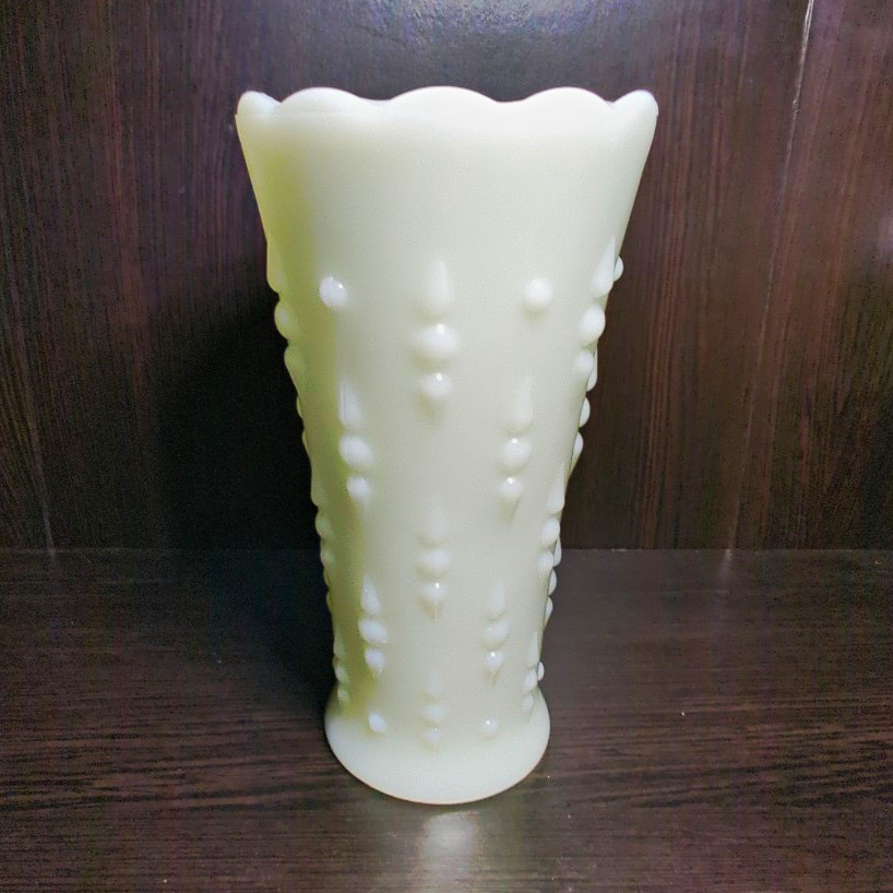 Unmarked White Milk Glass Vase 8 in Decorative Scalloped Rim