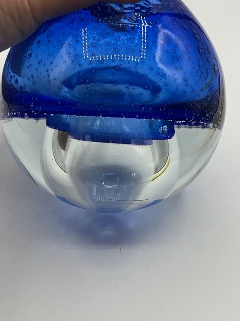 Heavy Glass Vase/Bowl Hand Blown Cobalt Blue and Clear W/Bubble Made In Poland