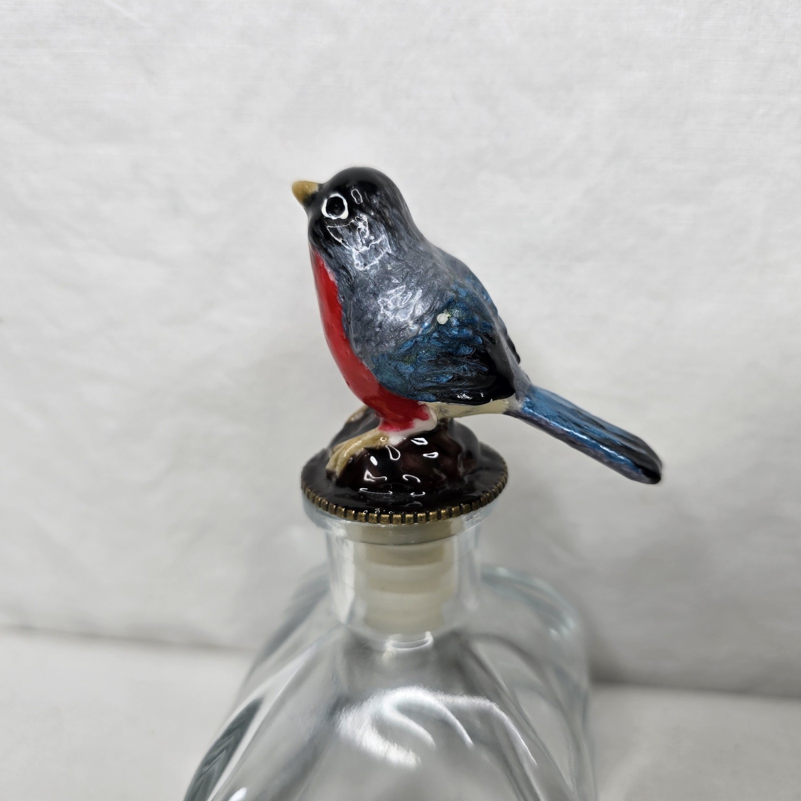 Glass Bottle Ceramic Blue Bird Stopper Birds Audobon Nature Farmhouse Cottage