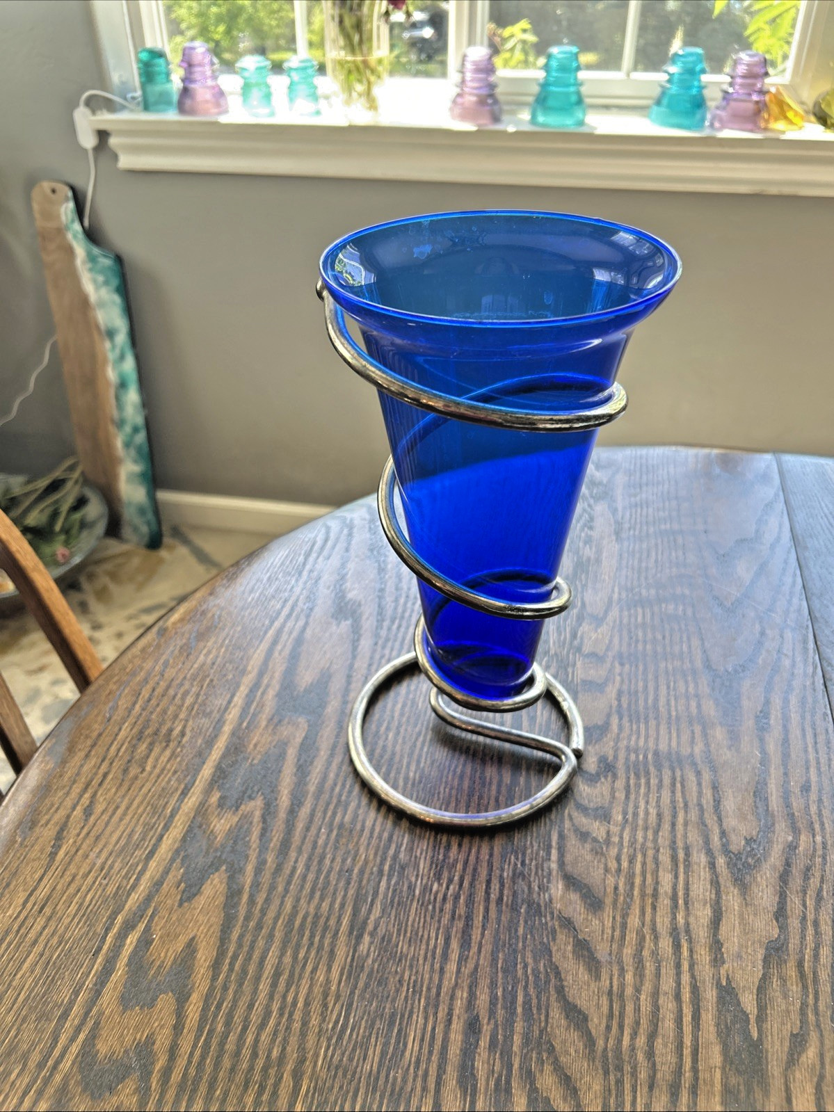 Vintage 1980s-1990s Cobalt Blue Glass Vase Silver Tone Metal Spiral Support