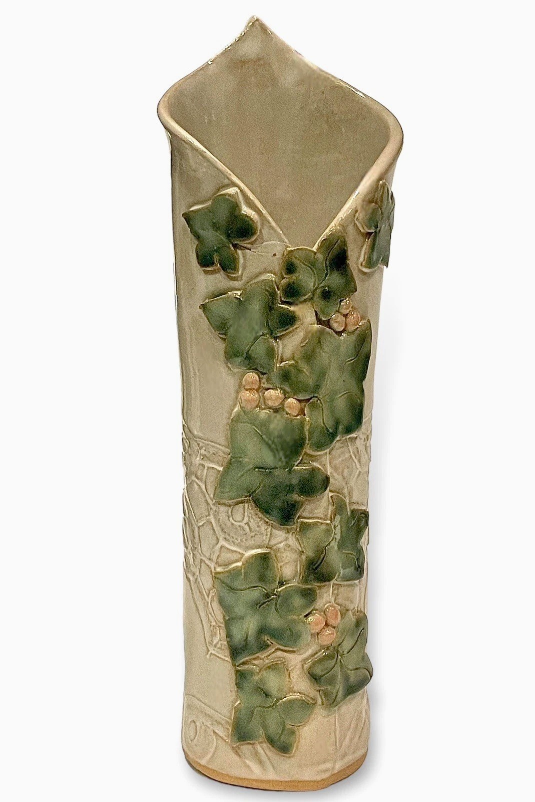 MAJOLICA ART POTTERY Vase Hand Built Layered Ivy Berries Signed OOAK ~ READ