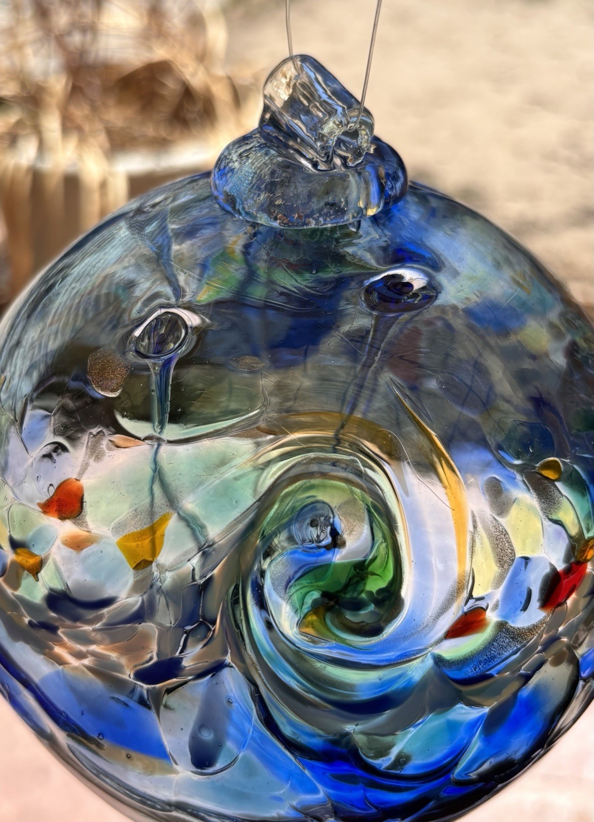 Hand Blown Art Glass Ball Blue Gold Aventurine Hanging Garden Orb Studio Glass