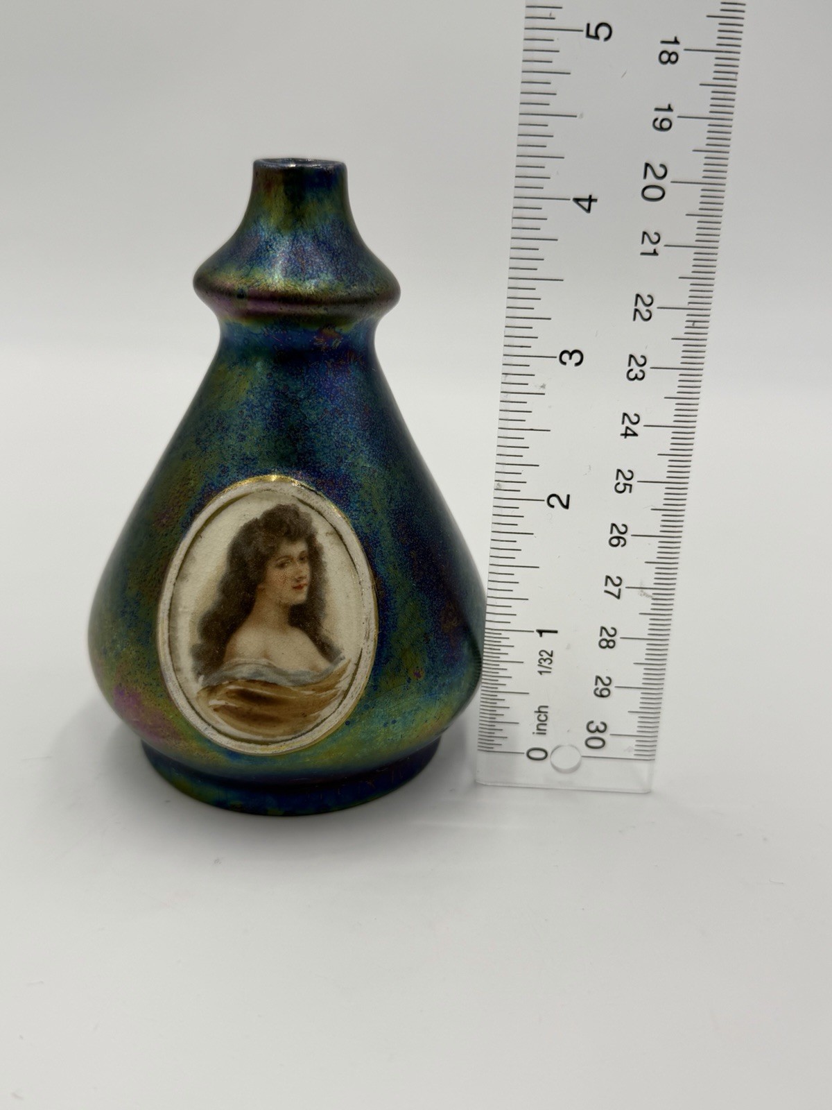 Heliosine Art Nouveau Austrian Iridescent Portrait Cameo Woman Vase 4.5” Antique