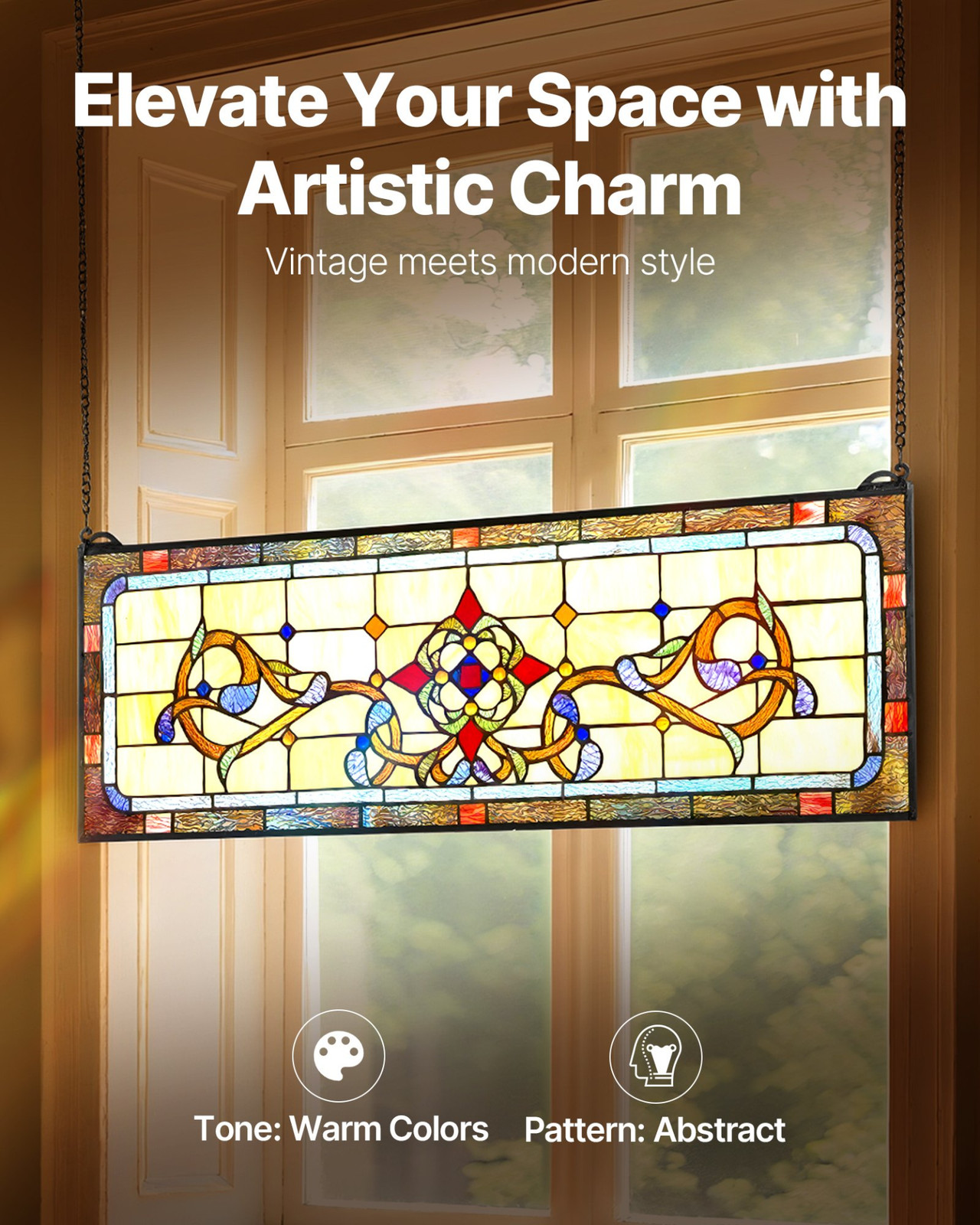 32″x11″ Tiffany Style Stained Glass Window Panel Hanging Transom Decor