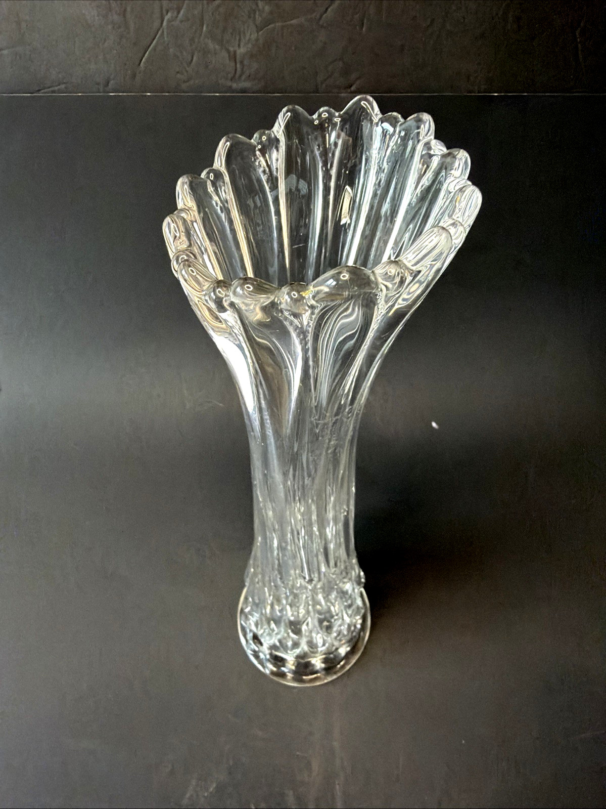Vintage Clear Swung Glass Vase Ribbed Pineapple Base Scalloped Rim MCM 12″