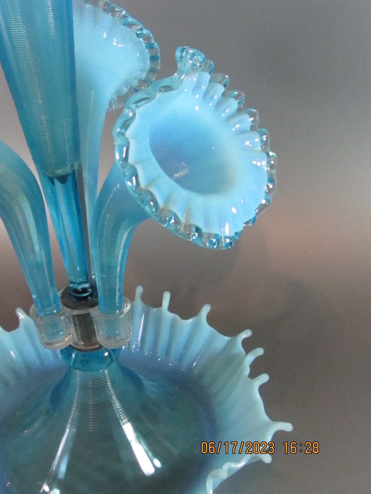 Vintage Mold Blown Ribbed Opalescent Blue Glass Fenton Large Epergne Four Horn
