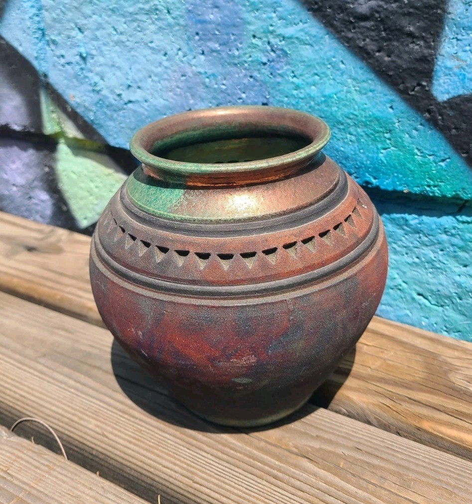 John Melkonian Raku Studio Pottery Vase Incised Triangle Design Signed 2010 EUC