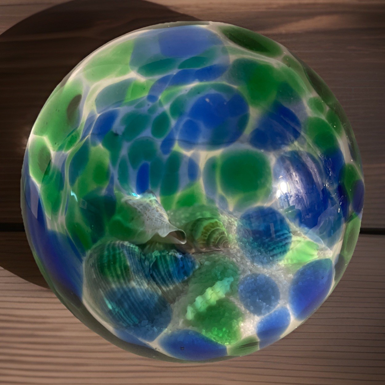Pyromania Studio Art Glass Oregon Float Ball Orb Filled With Shells & Sand