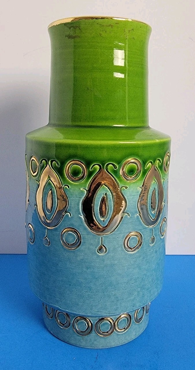 Vintage Aldo Londi For Bitossi 8″ Green Blue & Gold Vase – Made In Italy.