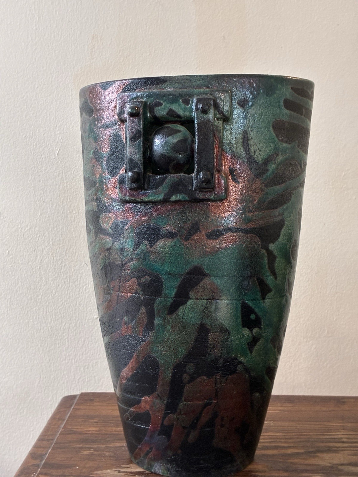 Signed Studio Crafted Ceramic Vase Green Black Copper Abstract