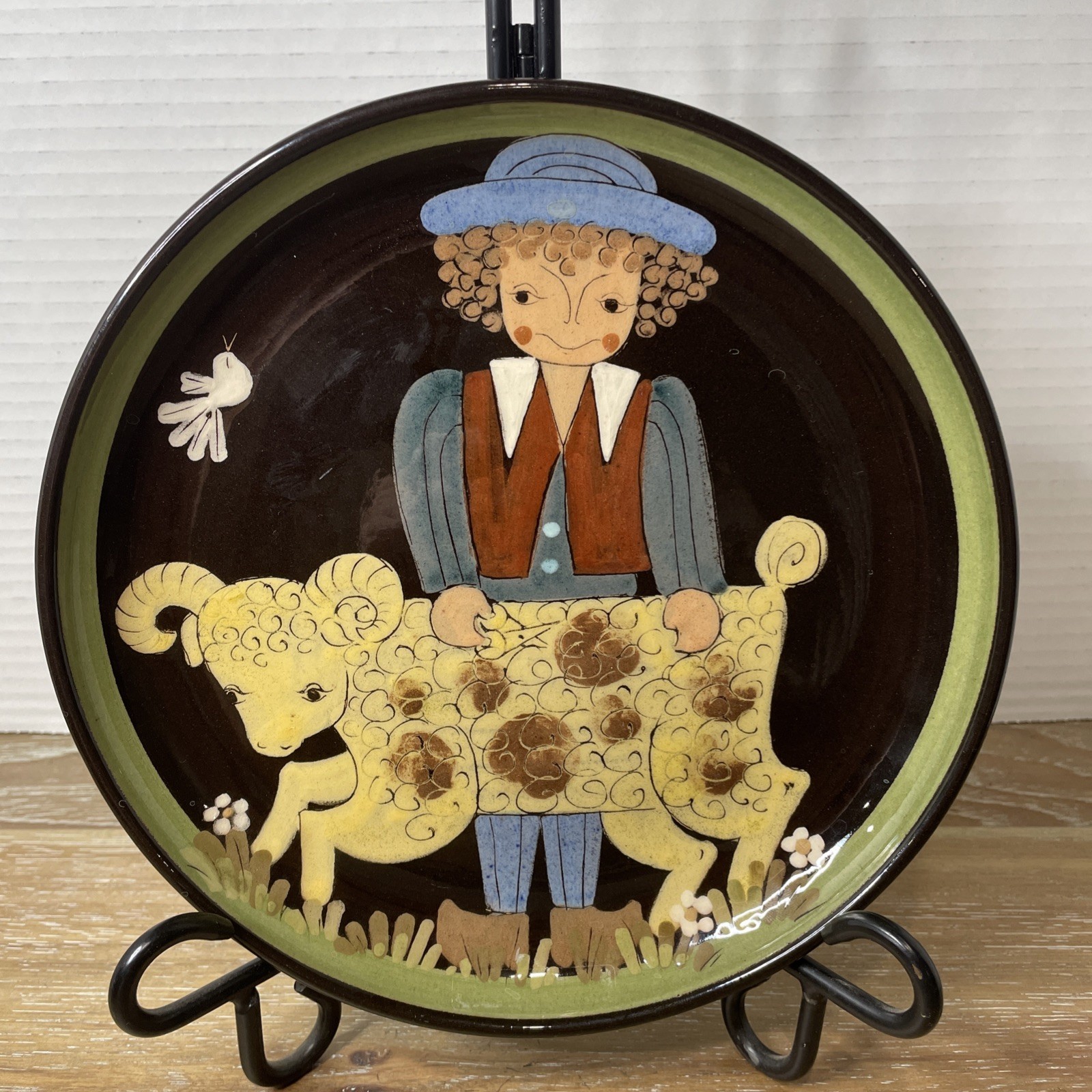 Signed Handarbeit Swiss Folk Art Pottery Hanging Plate Pair Decor