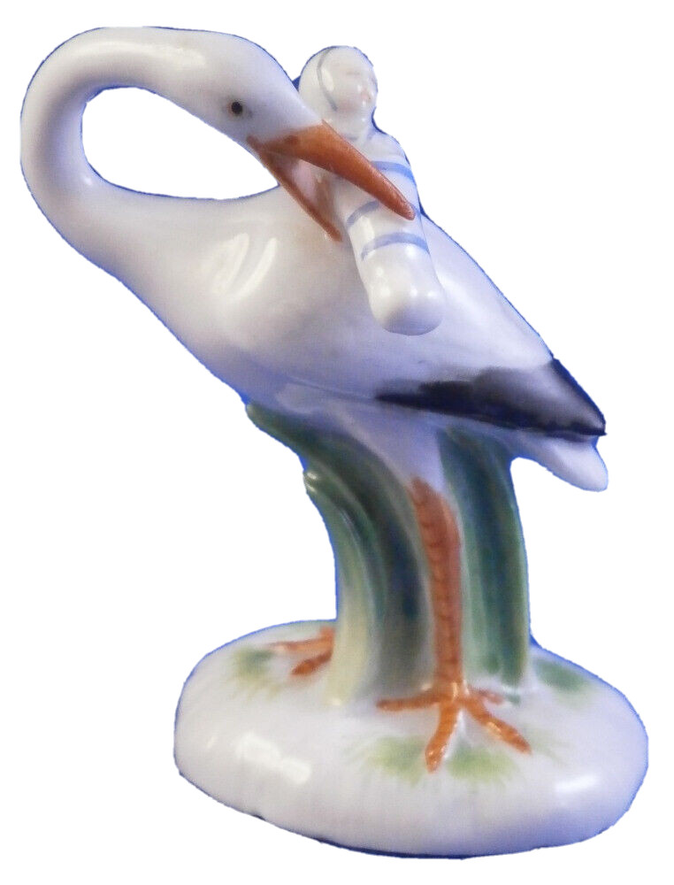 Antique 19tC Meissen Porcelain Miniature Stork w/ Baby Figurine Porzellan Figure