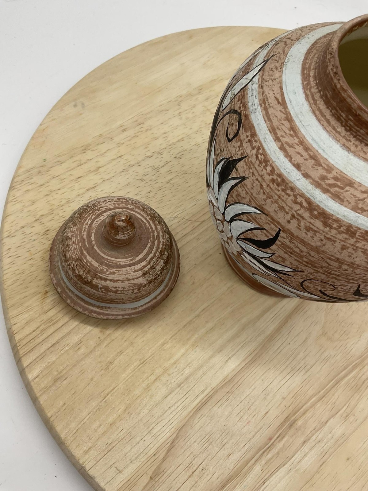 Vintage Brown Terracotta Lidded Urn Hand Painted Floral Jar Tabletop Decor