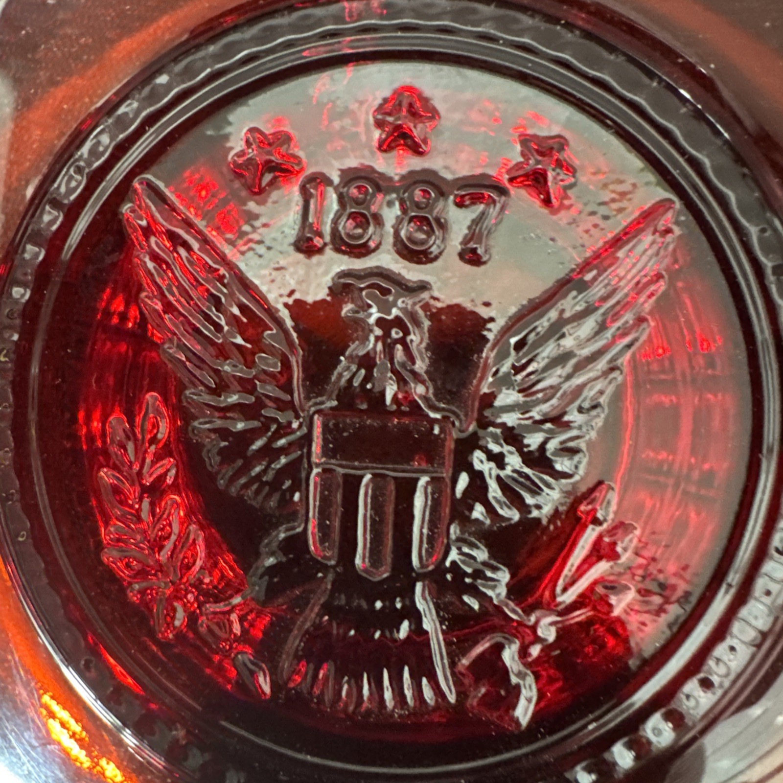 FOSTORIA MCM 1887 Coin Ruby Red Raised Eagle Cigarette Cigar Ashtray Dish
