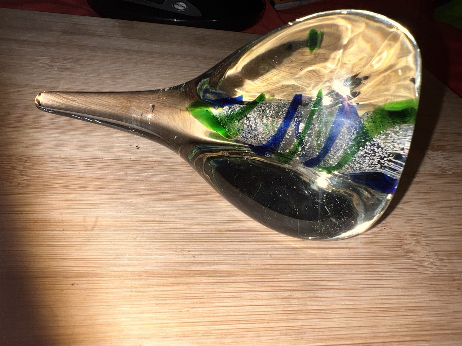 Hand Blown Art Glass Sculpture Abstract Blue Green Clear 3D Effect 6.5 in