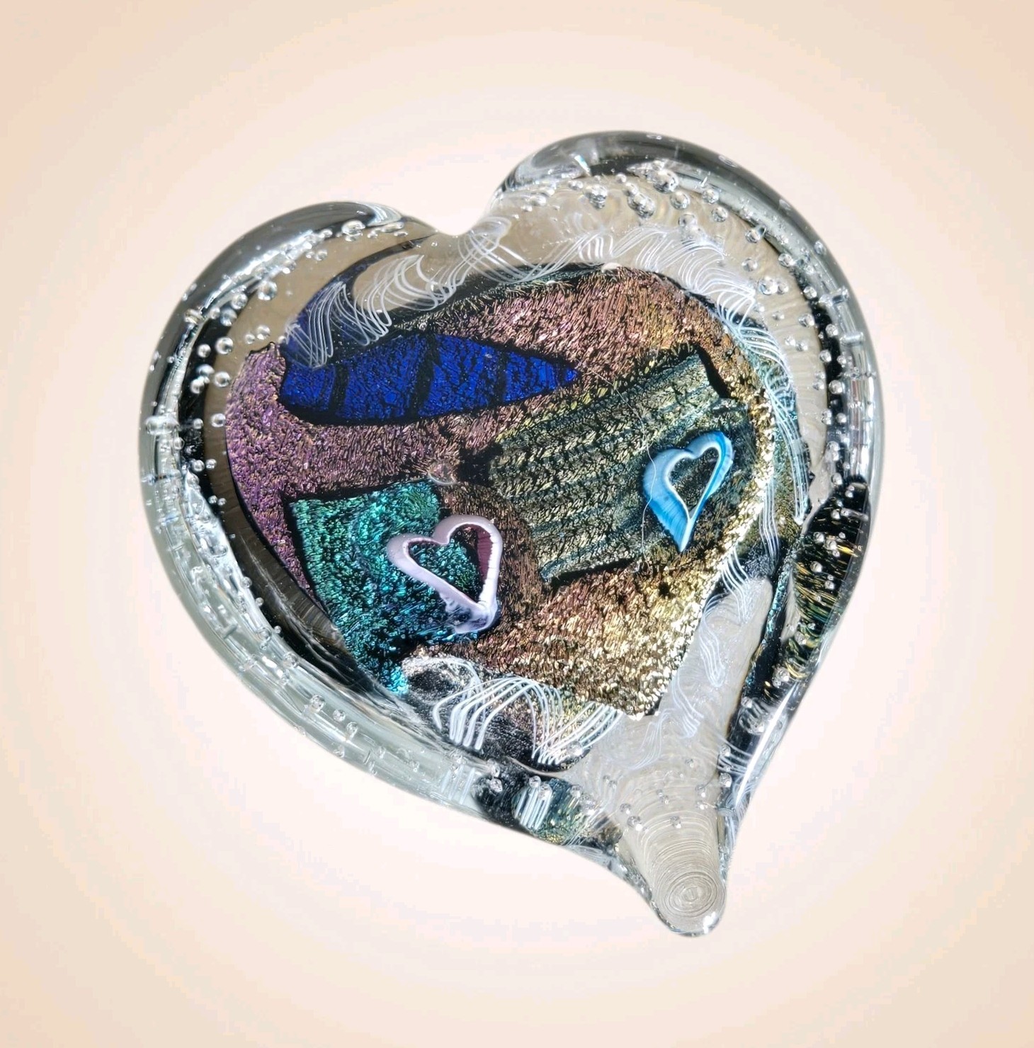 Randy Strong Paperweight Dichroic Metal Flake Puff Heart Art Glass 3.25″