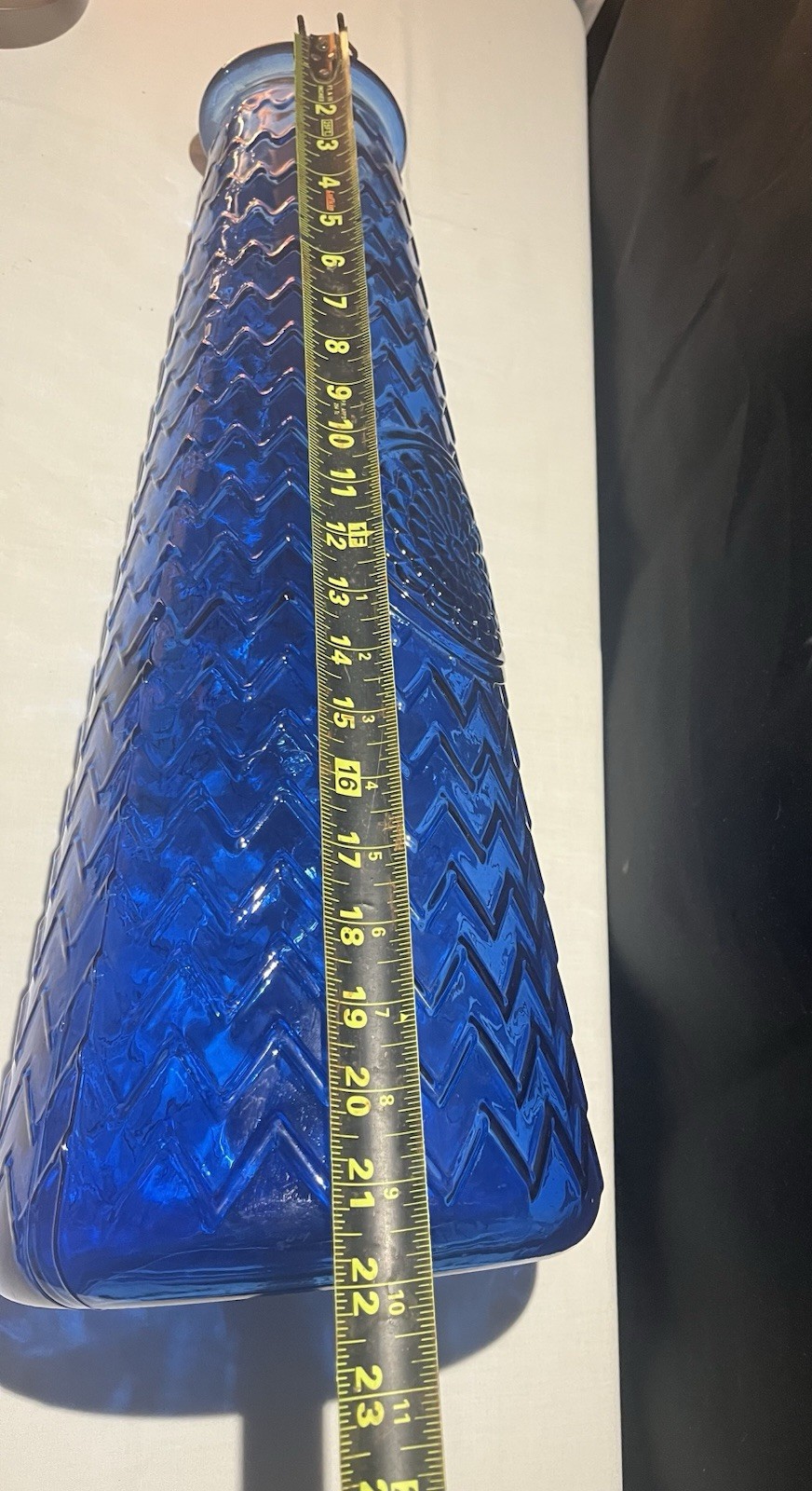 Blue Glass Chevron Pattern Vase Decorative 23″ Tall 8″ Wide RECYCLED GLASS