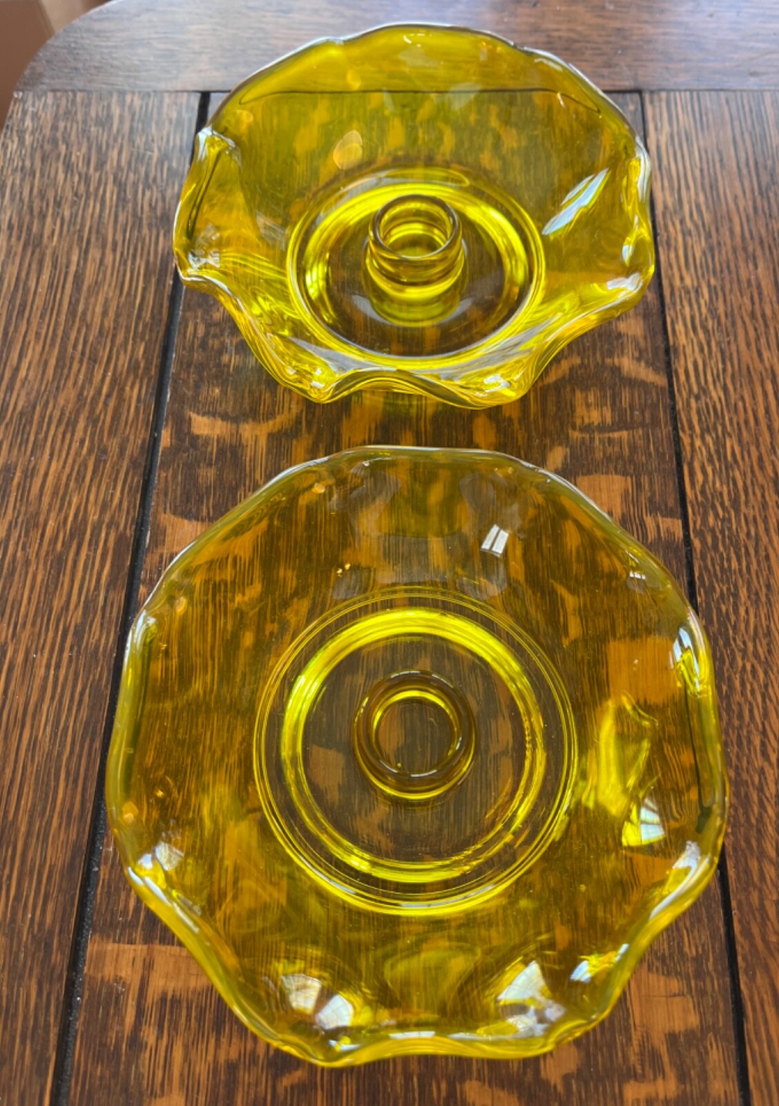 Pair of Vtg Canary Yellow Candleholders Likely Fostoria. Glow Under Black Light.