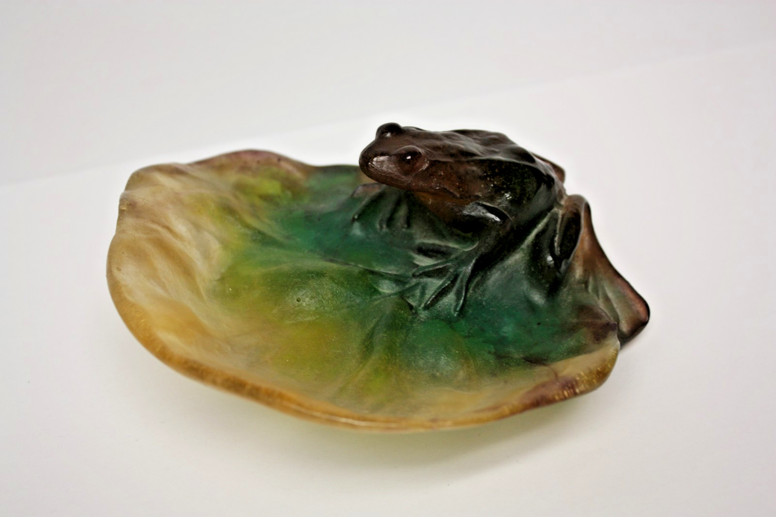 Daum France Pate de Verre Frog On Lily Pad Signed