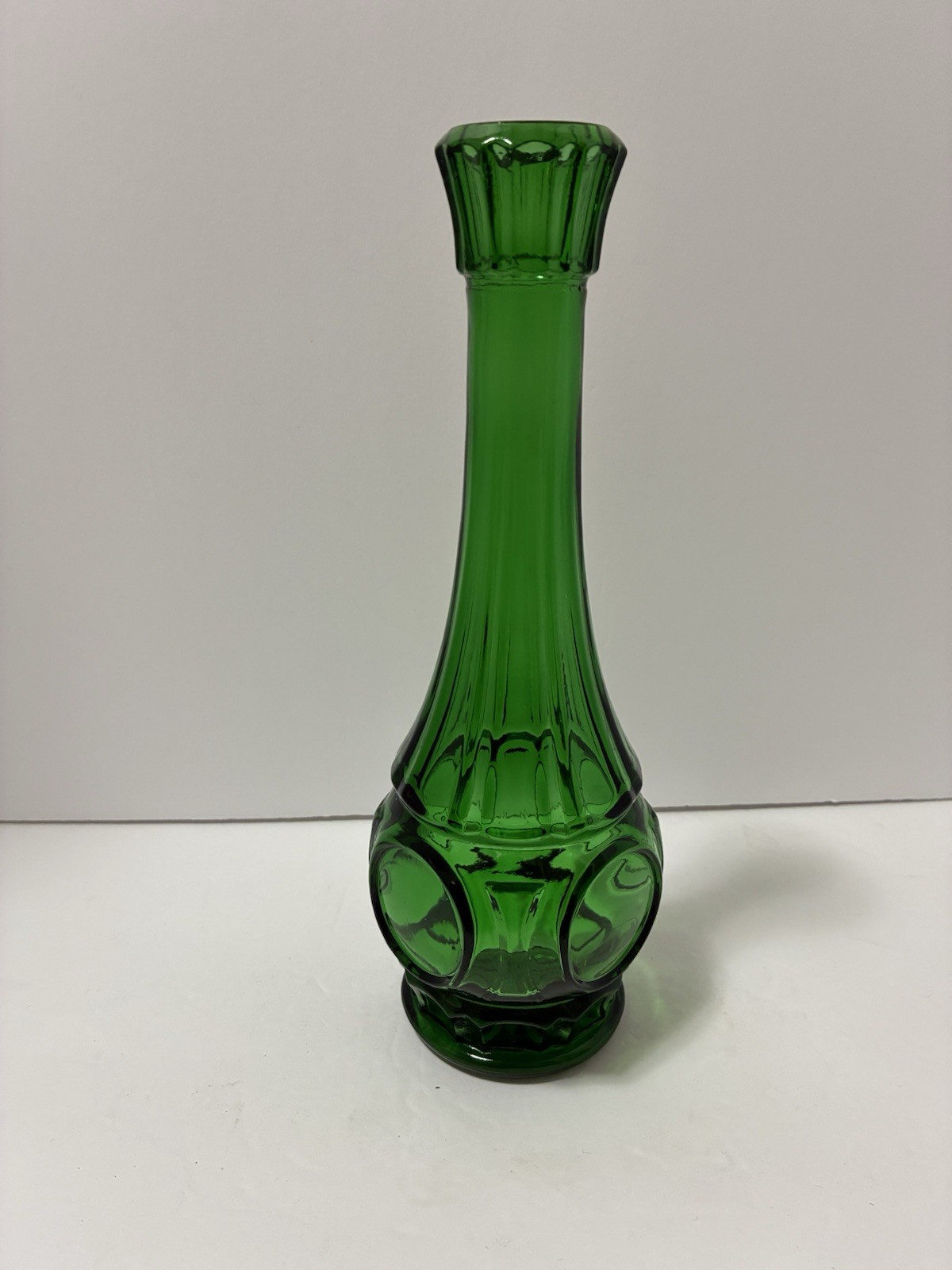 Wheaton Glass Bullseye Bud Vase 9″ Green Panels & Dots Vintage